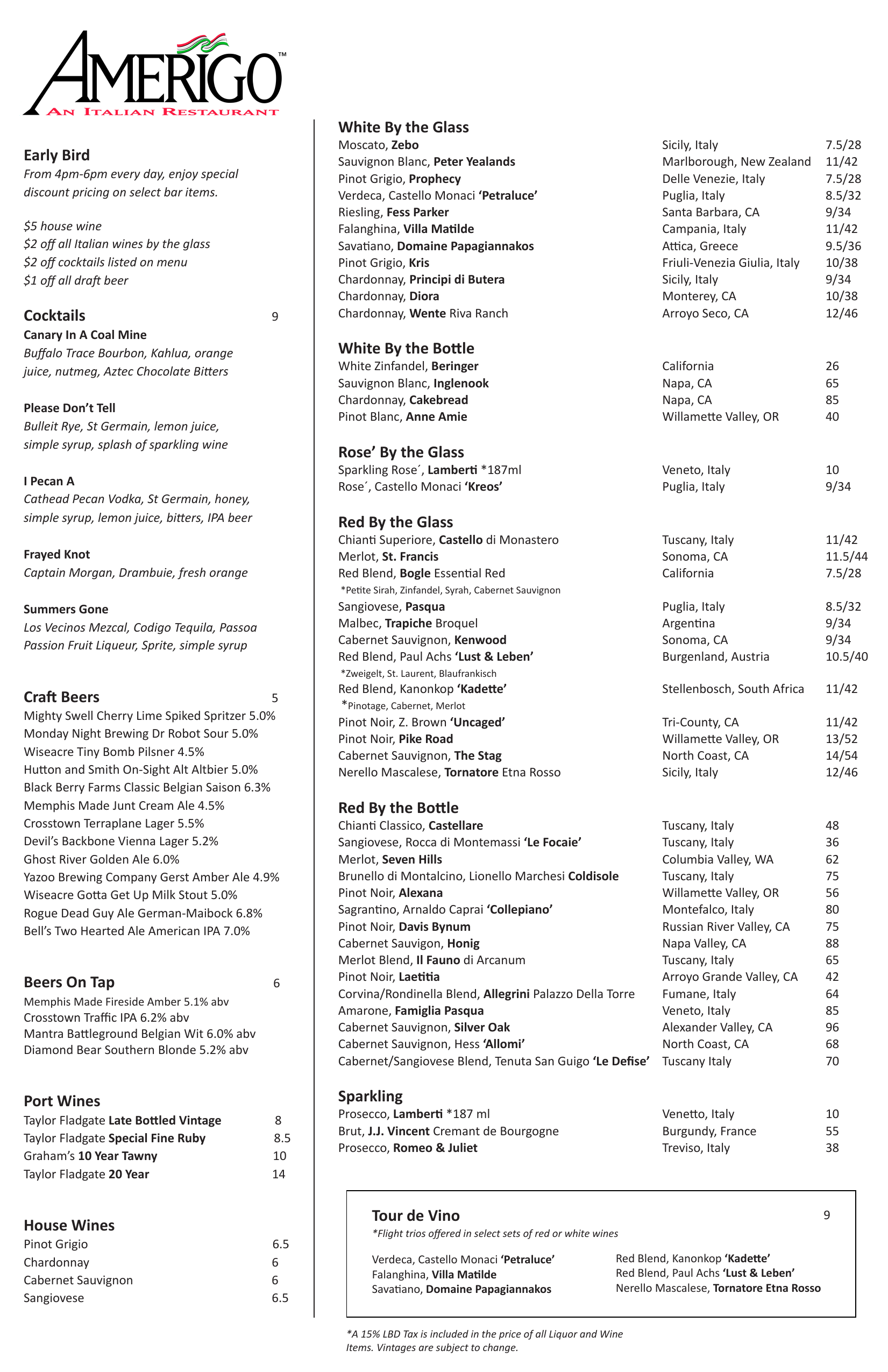 Drink Menu - Amerigo Italian Restaurant
